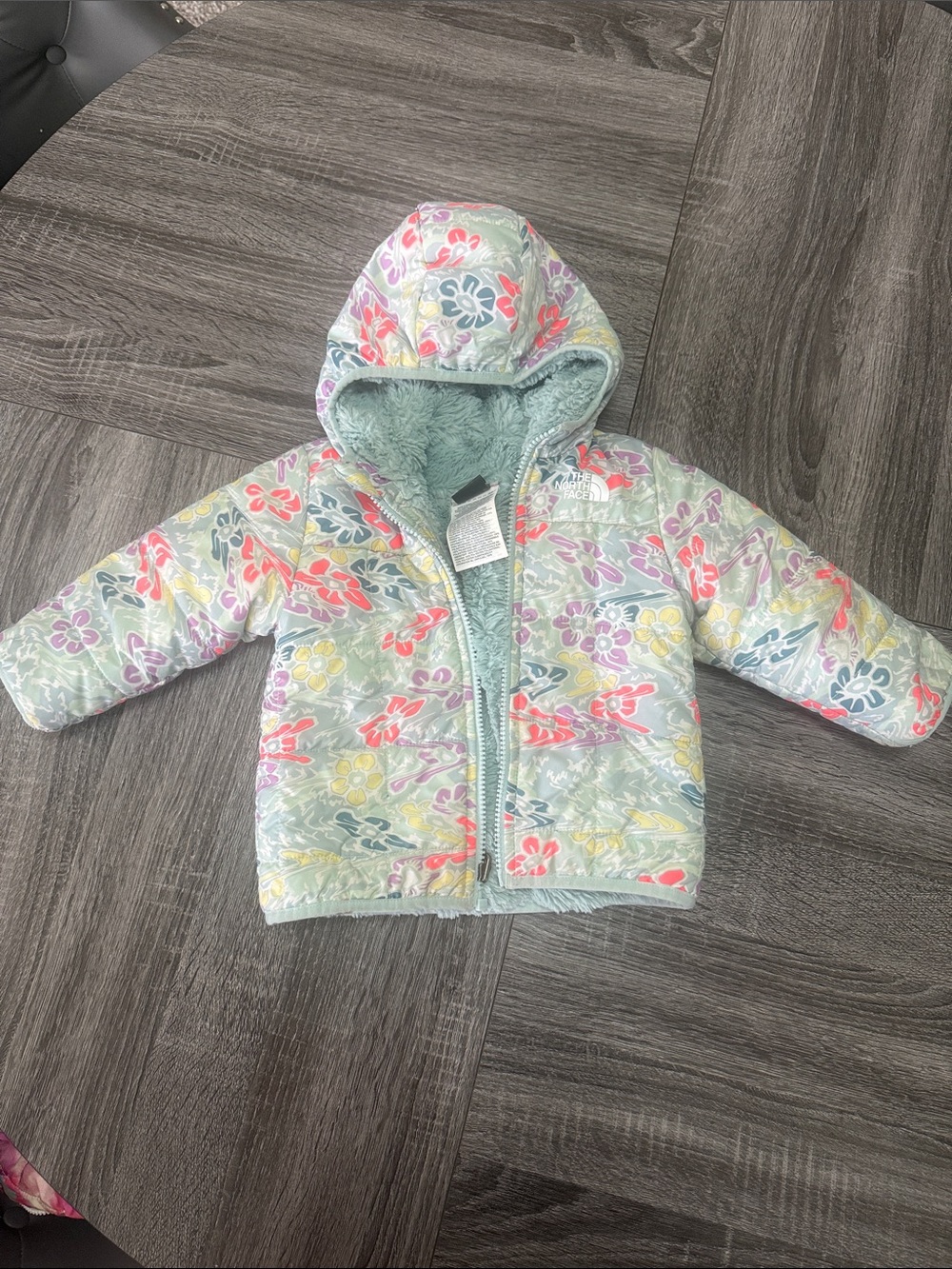 Toddler Reversible Floral Hooded Puffer Jacket in Mint with Multicolor Flowers